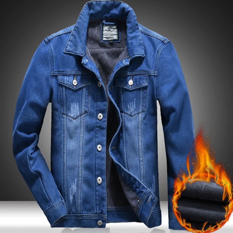 Winter Men's Denim Jacket Thicken Fleece Warm Coats Fashion Classic Lapel Slim Biker Jeans Jacket Outwear Male Brand Clothing