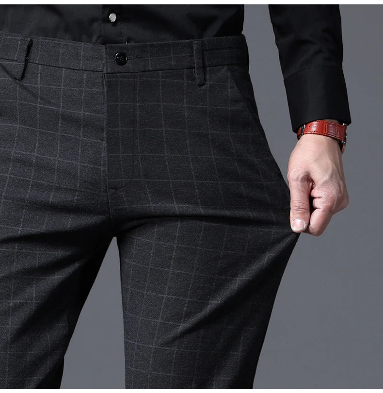 2025 Autumn New Men's Slim Plaid Casual Pants Fashion Soft Stretch Business Work Trousers Gentleman Brand Clothes Black Blue