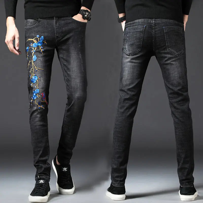 Fashion men's 2020 long pants printing spring and summer embroidery flower jeans men's slim feet men's casual jeans