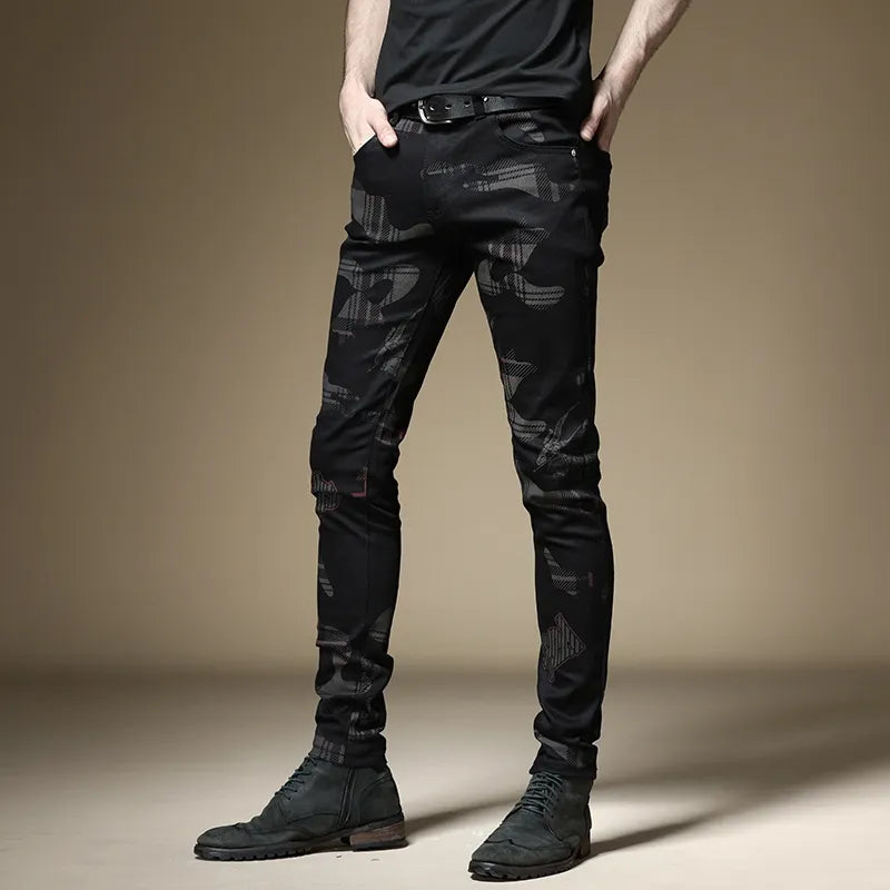 New European and American style men's male black jeans slim trend print pants hip-hop summer casual denim trousers