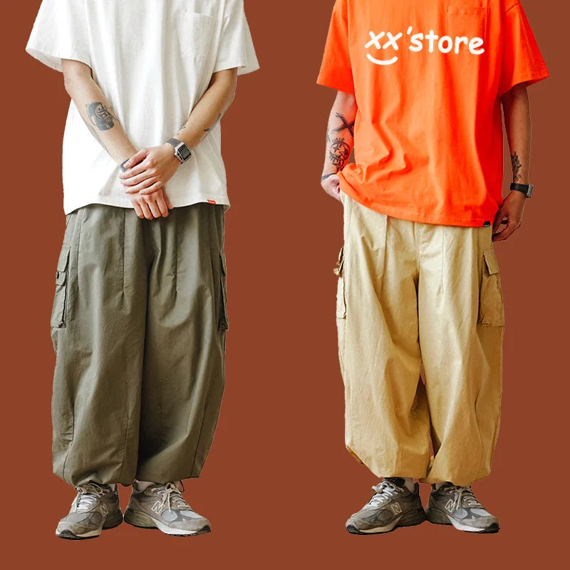 Multi-Pocket Oversized Cargo Pants Mens Casual Solid Thin Baggy Wide Leg Ankle Trousers Man Jogger Pants Harem Lantern Pants