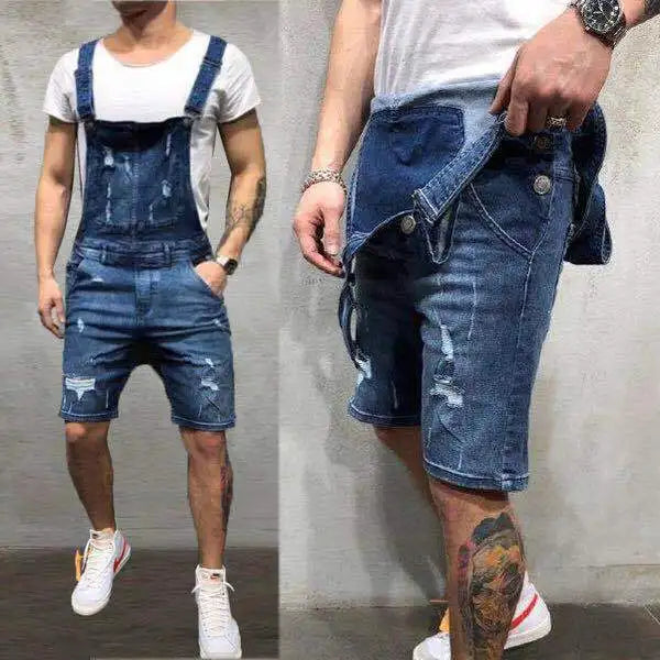 New Denim Bib Hole Slim Mens Shorts Work Pants