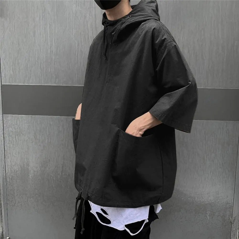 New Men's Pullover Hooded Half Sleeve Top Soft Big Pocket Loose T-shirt for Everyday