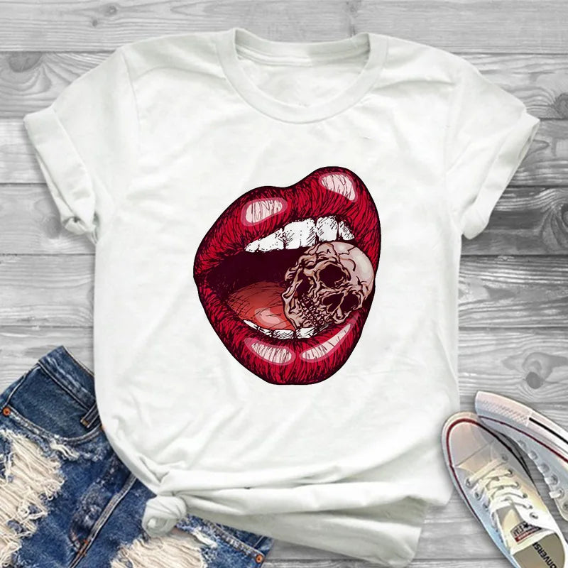 Women's Tops Red Mouth Lip Love Print T shirts Fashion O-Neck Short Sleeve clothing Tshirt Harajuku Leisure White T-shirt