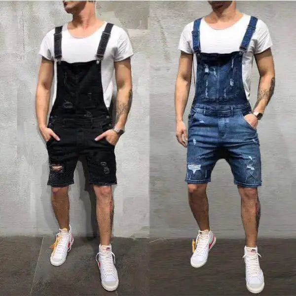 New Denim Bib Hole Slim Mens Shorts Work Pants