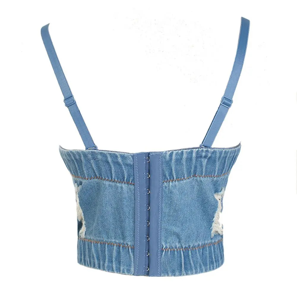 Irene Tinnie Sexy Cute Hole Cartoon Decoration Push Up Bustier Women's Denim Bralette Cropped Top Vest Plus Size