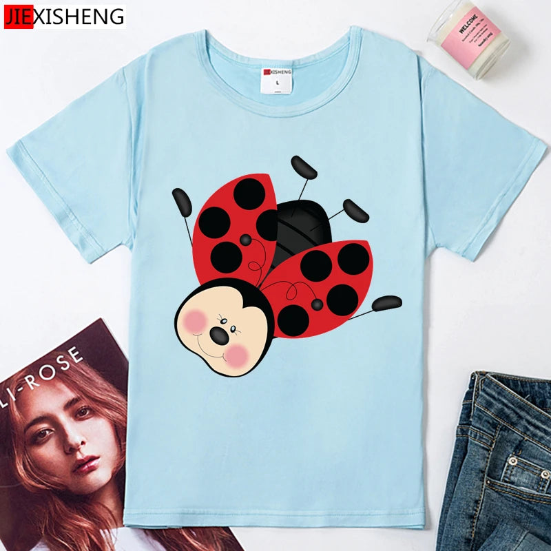 Summer Women T Shirt Cute Short Sleeve O Neck Tops Cartoon Ladybug Print t-shirt Kawaii Girl White Women Clothing HH519