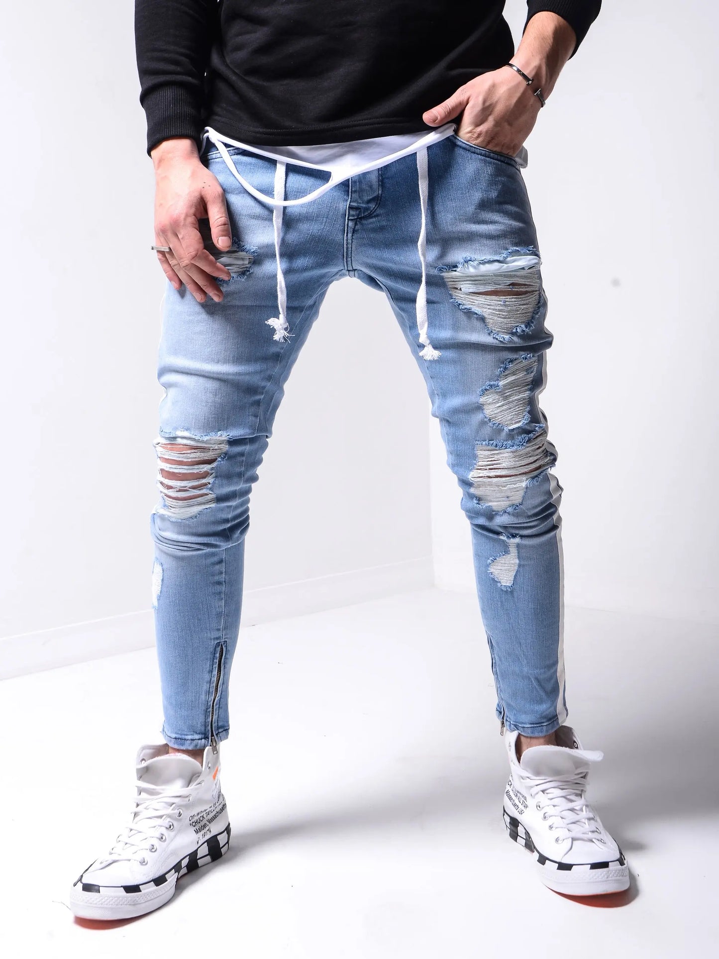 Men's Ripped Pencil Pants Men Skinny Denim Biker Side Striped Jeans Men's Fashion Foot Mouth Zipper Hip-Hop Slim Denim Trousers