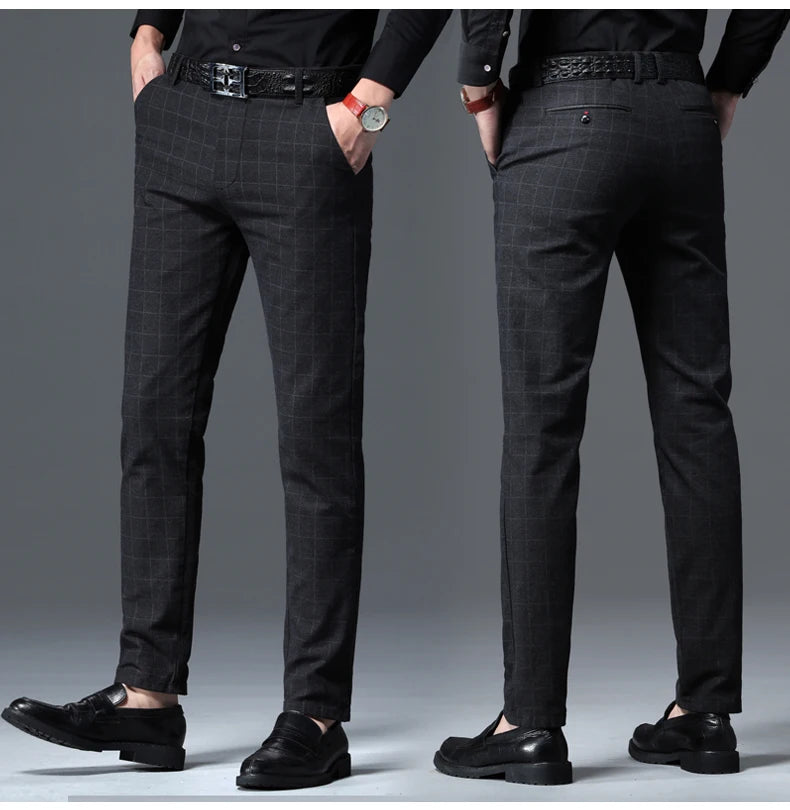 2025 Autumn New Men's Slim Plaid Casual Pants Fashion Soft Stretch Business Work Trousers Gentleman Brand Clothes Black Blue