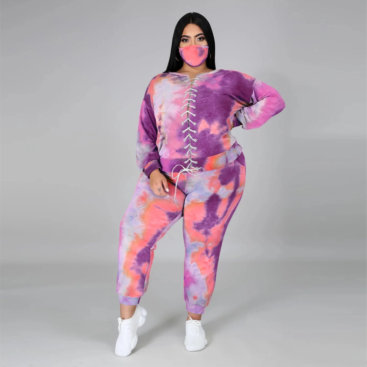 Women&#39;s Clothing Plus Size Sets 2021 Autumn Urban Three-Piece O-Neck Sweater Tie-Dye Fashion Tie Long Sleeve Loose Leisure Suit