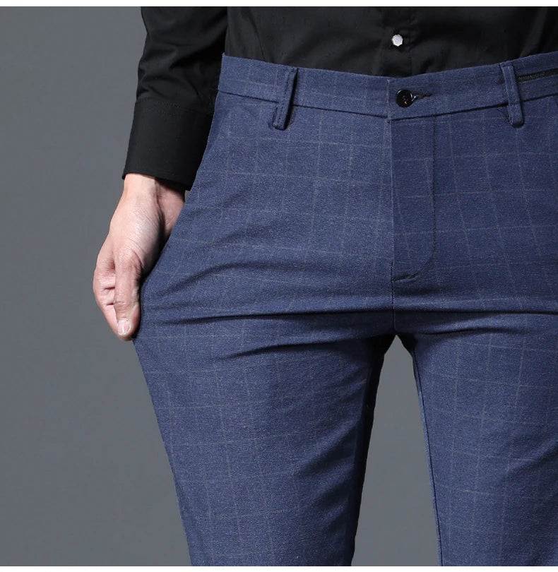 2025 Autumn New Men's Slim Plaid Casual Pants Fashion Soft Stretch Business Work Trousers Gentleman Brand Clothes Black Blue