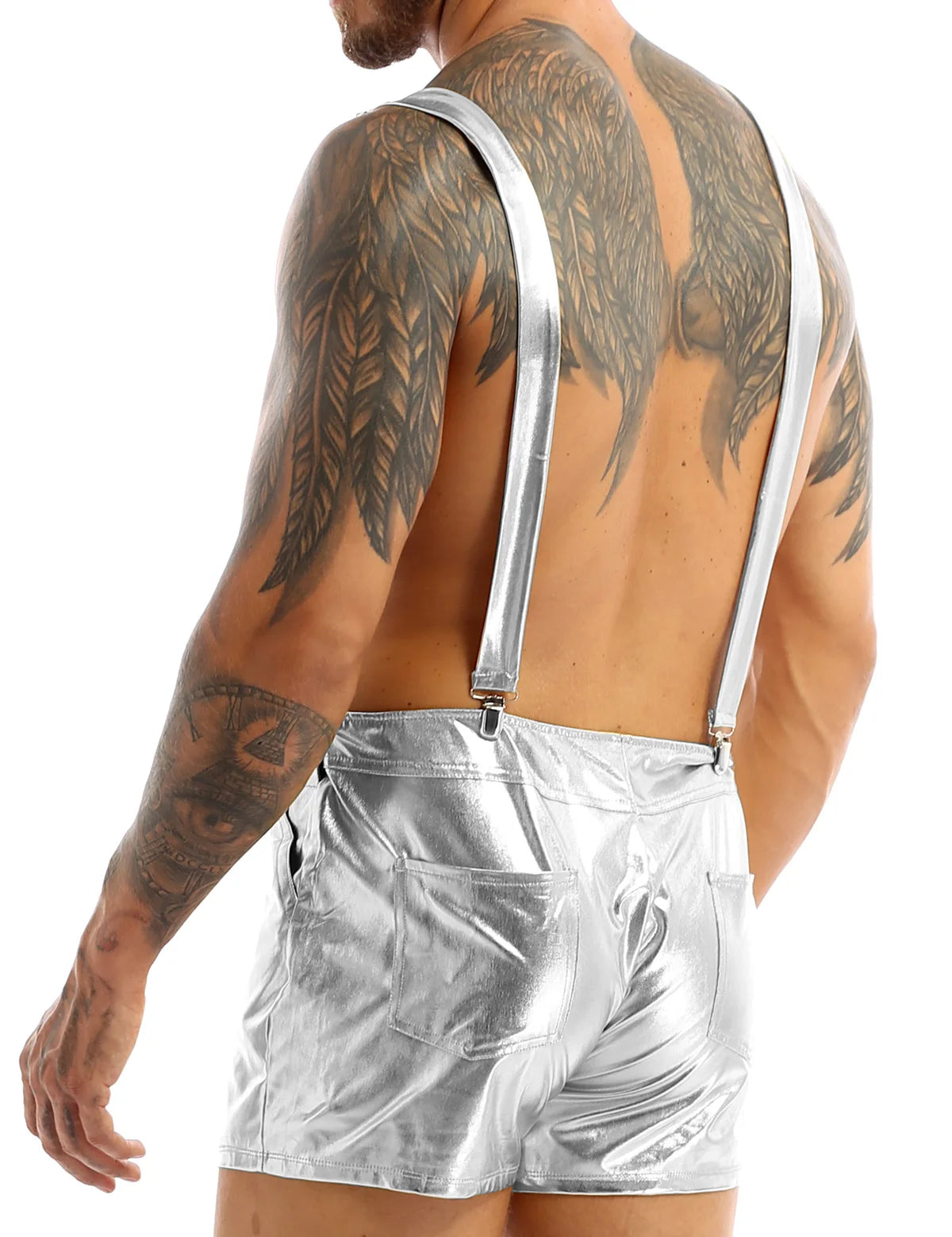 Mens Shiny Metallic Bib Overall Suspender Shorts Jazz Hip Hop Leotard Dance Costumes Shoulder Straps Jumpsuit Suspender Romper