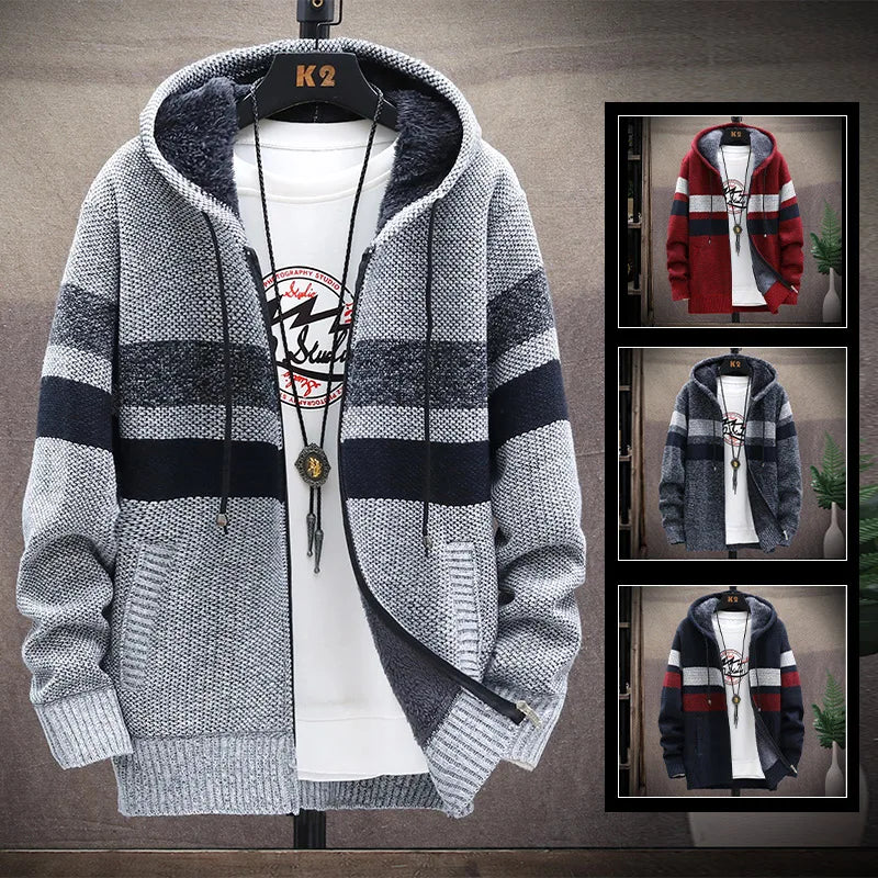 Men's Cardigan Hooded  Sweater Jumper with Zipper Knitwear Fashion Striped Fleece Wool Autumn/Winter Thick Warm Coat Cold Blouse