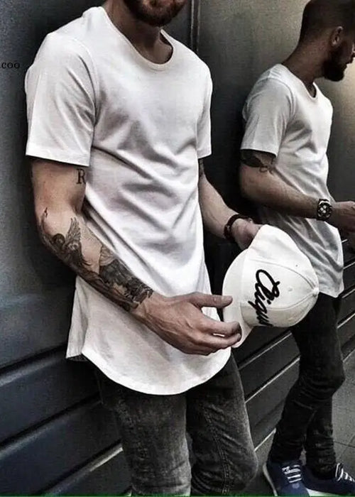 Men's t Shirt Extended Round Sweep T-Shirt Curved Hem Long Line Tops Hip Hop Urban Blank Streetwear