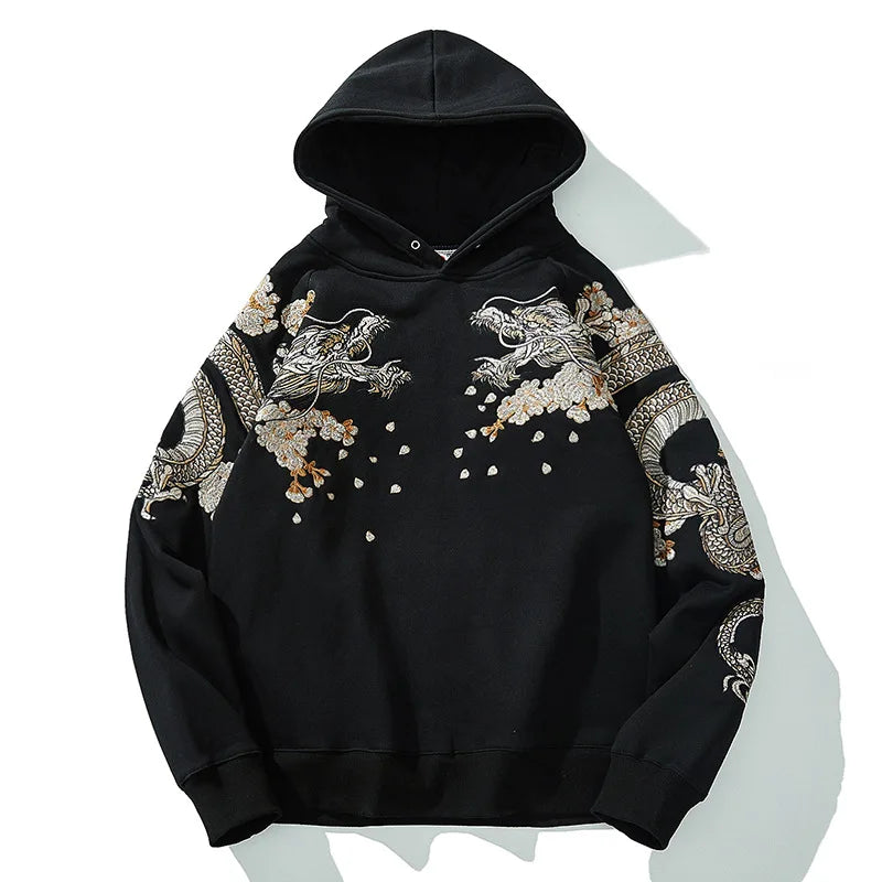 High Street Black Loose Long Sleeve Streetwear Phoenix Dragon Sakura Embroidered Fashionable Men Boys Pullover Tops Hoodies L