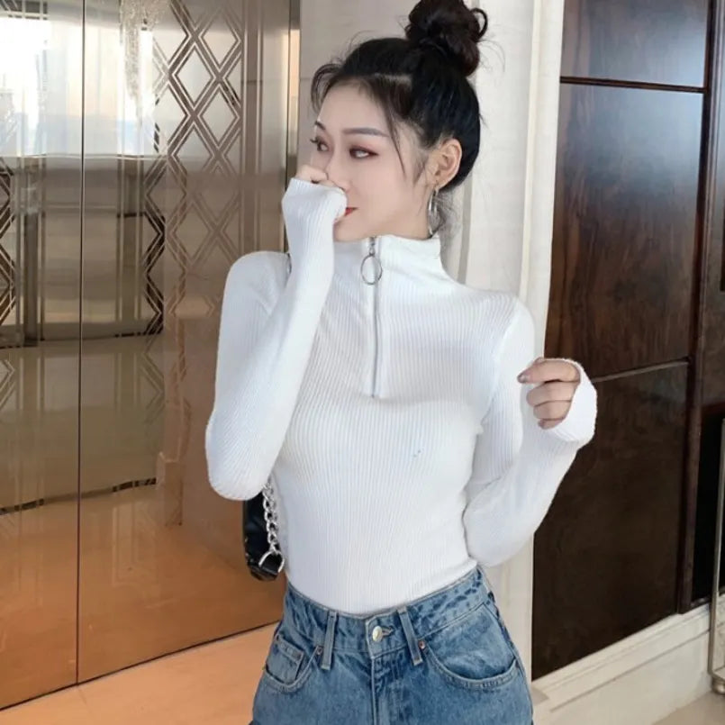 New Winter Women's Sweaters Zipper Turtleneck Pullover Women Long Sleeve Top Black Knitted Sweater Female Korean Clothes 2020