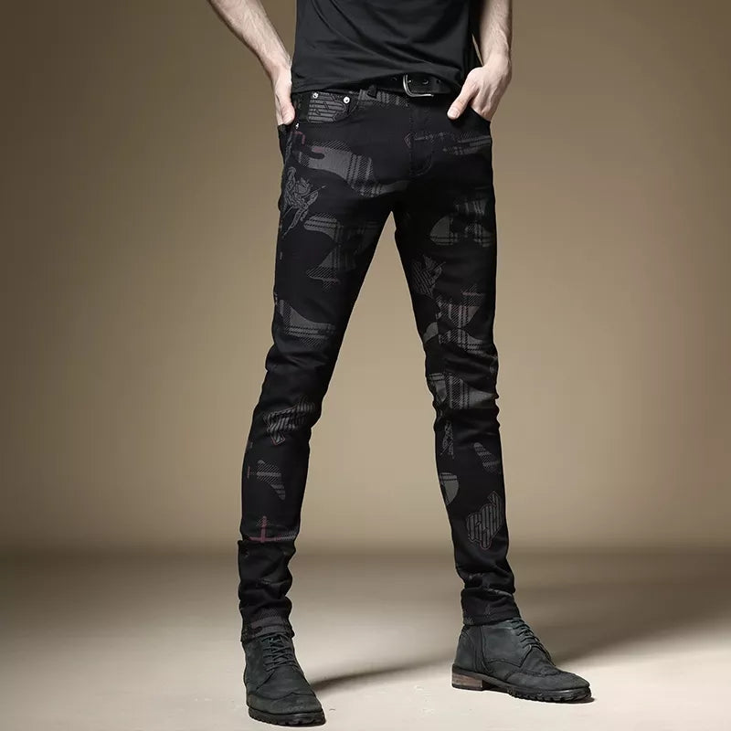 New European and American style men's male black jeans slim trend print pants hip-hop summer casual denim trousers