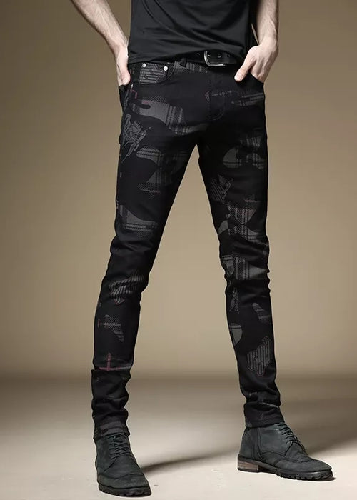 New European and American style men's male black jeans slim trend print pants hip-hop summer casual denim trousers