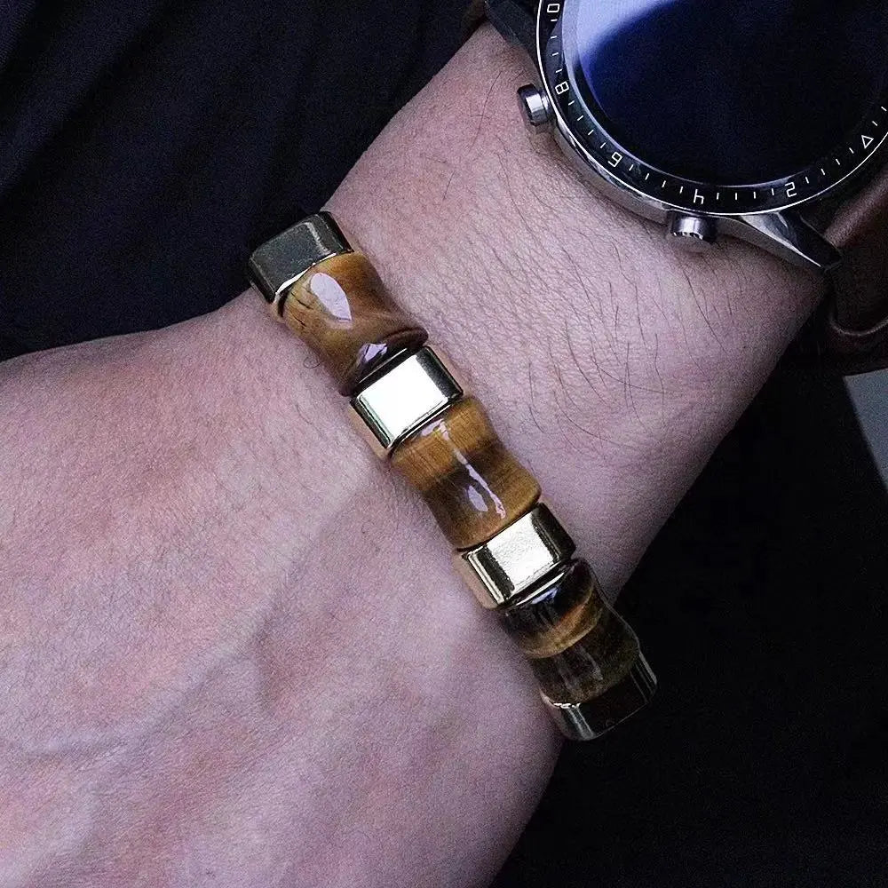 Fashion  leather bracelet natural long three-grain tiger eye stone men's bracelet round buckle men's jewelry