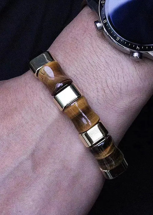 Fashion  leather bracelet natural long three-grain tiger eye stone men's bracelet round buckle men's jewelry