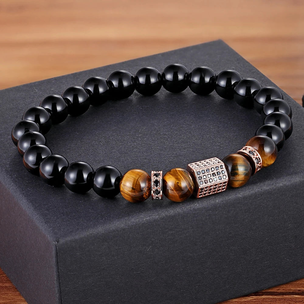 TYO Vintage New Design African CZ Charm Stretch 8MM Tiger Eye Shiny Black Beads Bracelets Making DIY for Boy Men's Jewelry