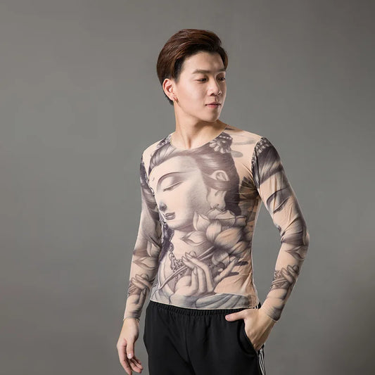 Fashion Men's Fake Tattoo T-shirts Long Sleeve Elastic Modal Thin All Over Print O-Neck Tattoo Shirts Halloween Clothing