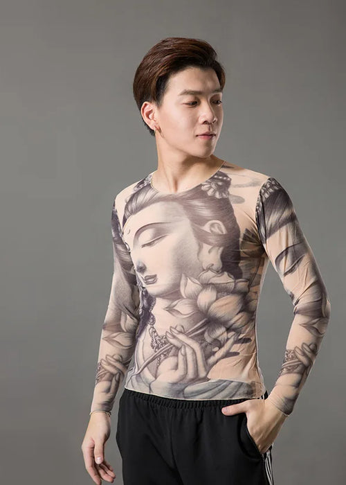 Fashion Men's Fake Tattoo T-shirts Long Sleeve Elastic Modal Thin All Over Print O-Neck Tattoo Shirts Halloween Clothing