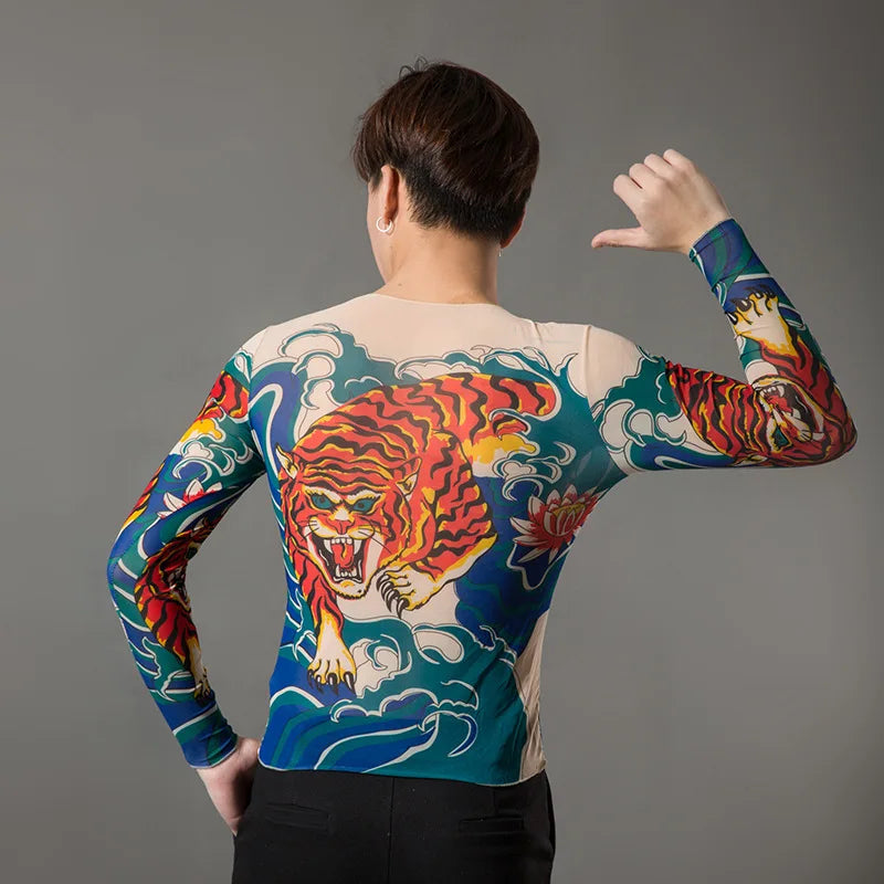 Fashion Men's Fake Tattoo T-shirts Long Sleeve Elastic Modal Thin All Over Print O-Neck Tattoo Shirts Halloween Clothing