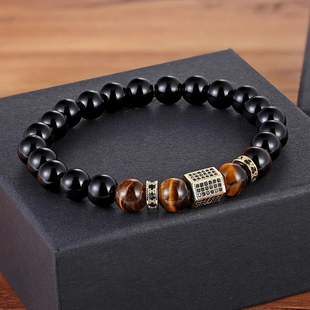 TYO Vintage New Design African CZ Charm Stretch 8MM Tiger Eye Shiny Black Beads Bracelets Making DIY for Boy Men's Jewelry