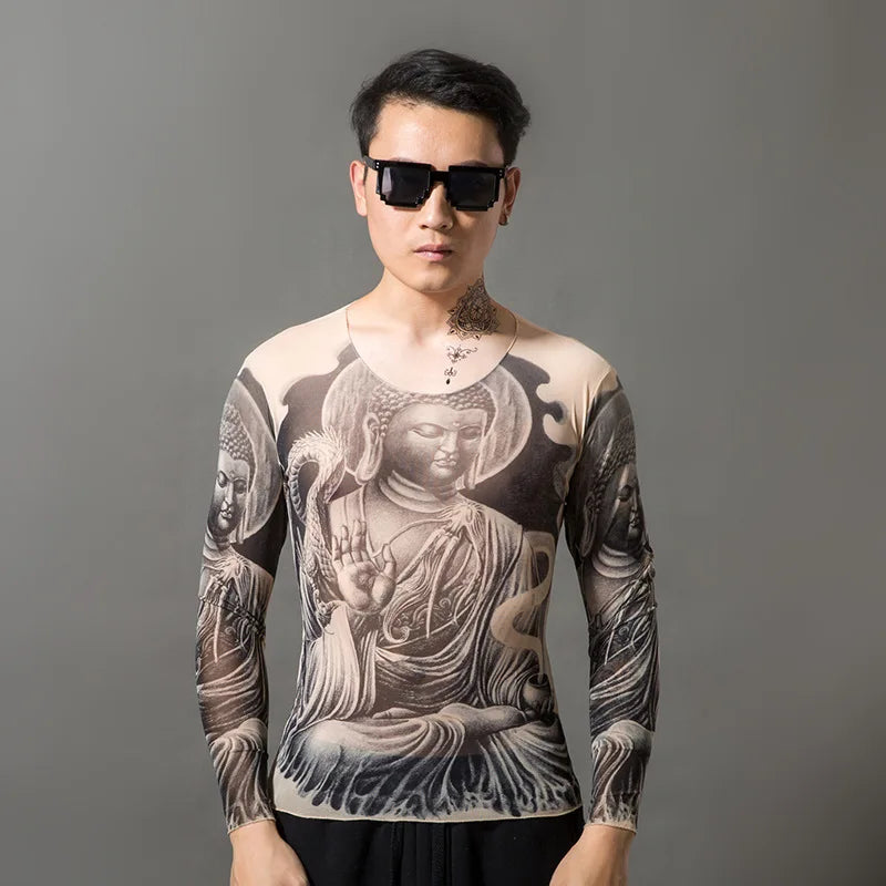 Fashion Men's Fake Tattoo T-shirts Long Sleeve Elastic Modal Thin All Over Print O-Neck Tattoo Shirts Halloween Clothing