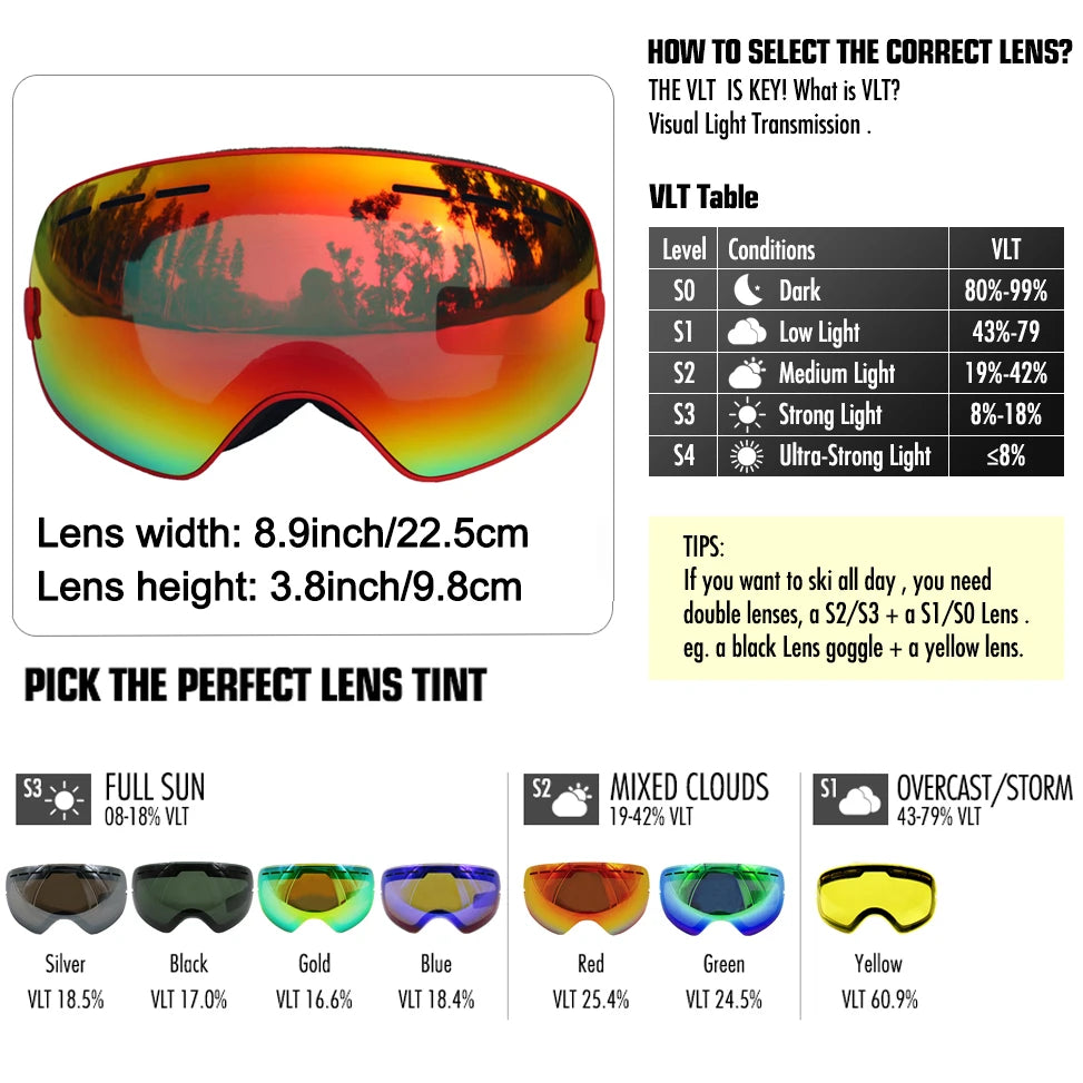 LOCLE Ski Goggles Double Layers Anti-fog UV 400 Ski Glasses Men Women Skiing Snowboard Skateboard Snow Goggles Ski Mask