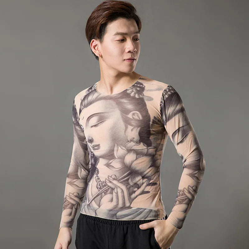 Fashion Men's Fake Tattoo T-shirts Long Sleeve Elastic Modal Thin All Over Print O-Neck Tattoo Shirts Halloween Clothing