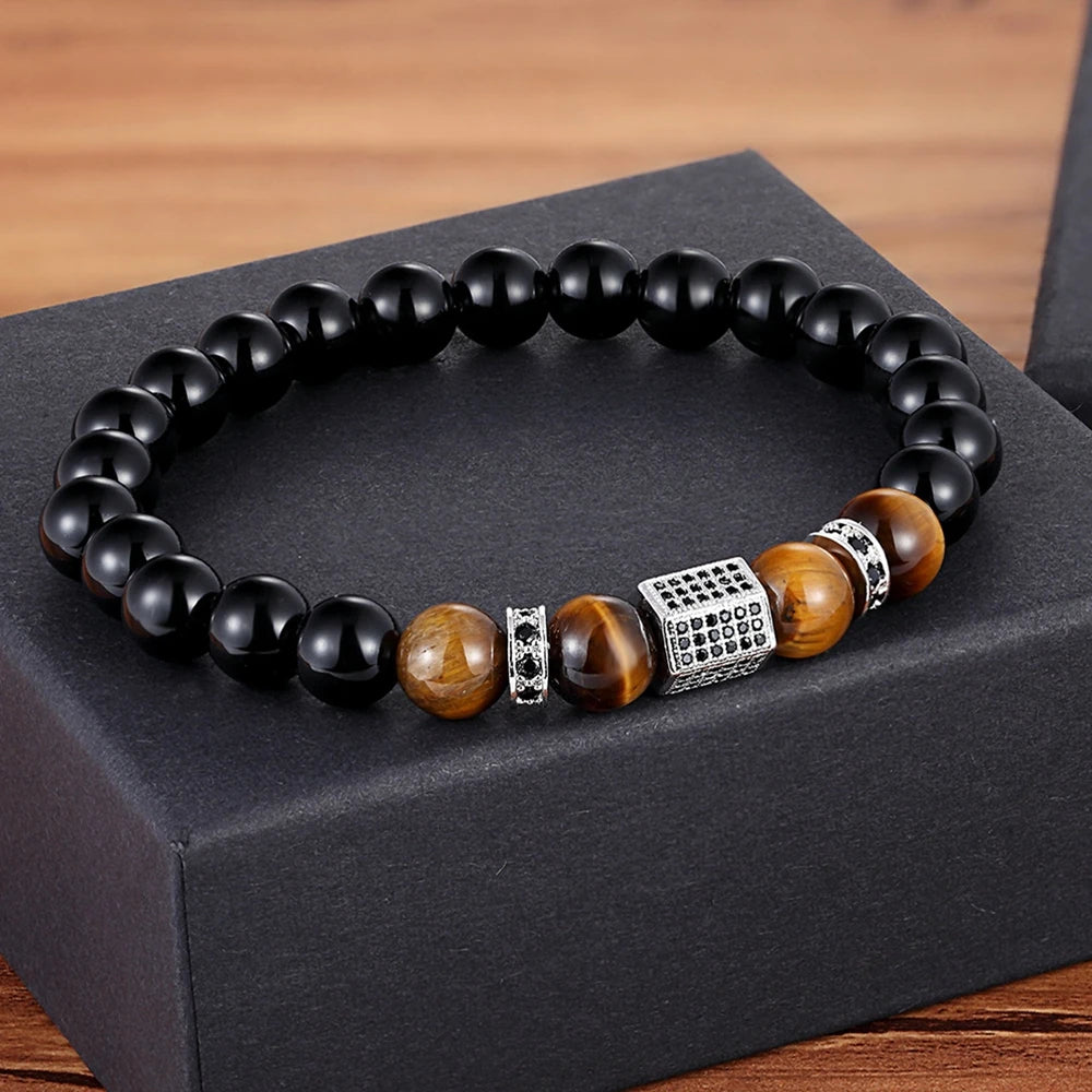 TYO Vintage New Design African CZ Charm Stretch 8MM Tiger Eye Shiny Black Beads Bracelets Making DIY for Boy Men's Jewelry