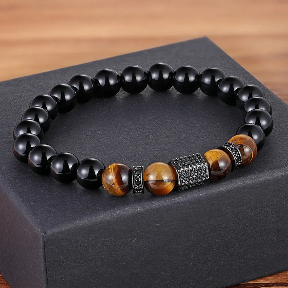 TYO Vintage New Design African CZ Charm Stretch 8MM Tiger Eye Shiny Black Beads Bracelets Making DIY for Boy Men's Jewelry