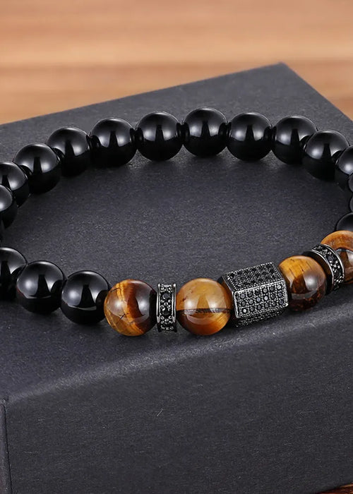 TYO Vintage New Design African CZ Charm Stretch 8MM Tiger Eye Shiny Black Beads Bracelets Making DIY for Boy Men's Jewelry