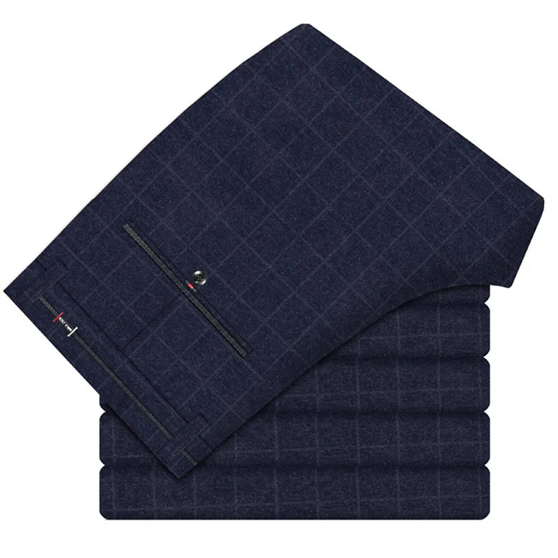 2025 Autumn New Men's Slim Plaid Casual Pants Fashion Soft Stretch Business Work Trousers Gentleman Brand Clothes Black Blue
