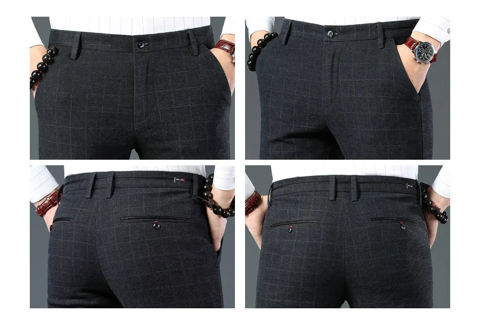 2025 Autumn New Men's Slim Plaid Casual Pants Fashion Soft Stretch Business Work Trousers Gentleman Brand Clothes Black Blue