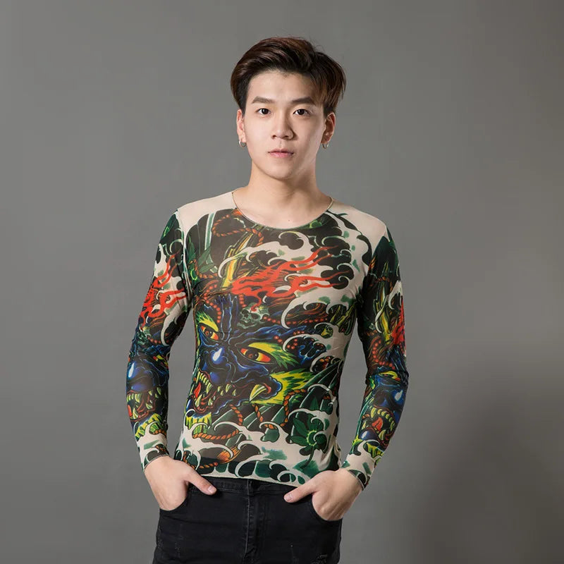 Fashion Men's Fake Tattoo T-shirts Long Sleeve Elastic Modal Thin All Over Print O-Neck Tattoo Shirts Halloween Clothing