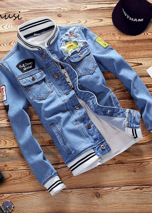 DIMUSI Men's Denim Jackets Fashion Male Trendy Ripped Denim Bomber Coats Mens Casual Windbreaker Cowboy Jeans Jackets Clothing