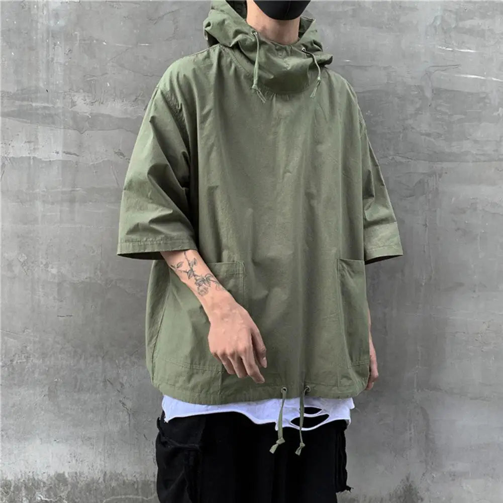 New Men's Pullover Hooded Half Sleeve Top Soft Big Pocket Loose T-shirt for Everyday