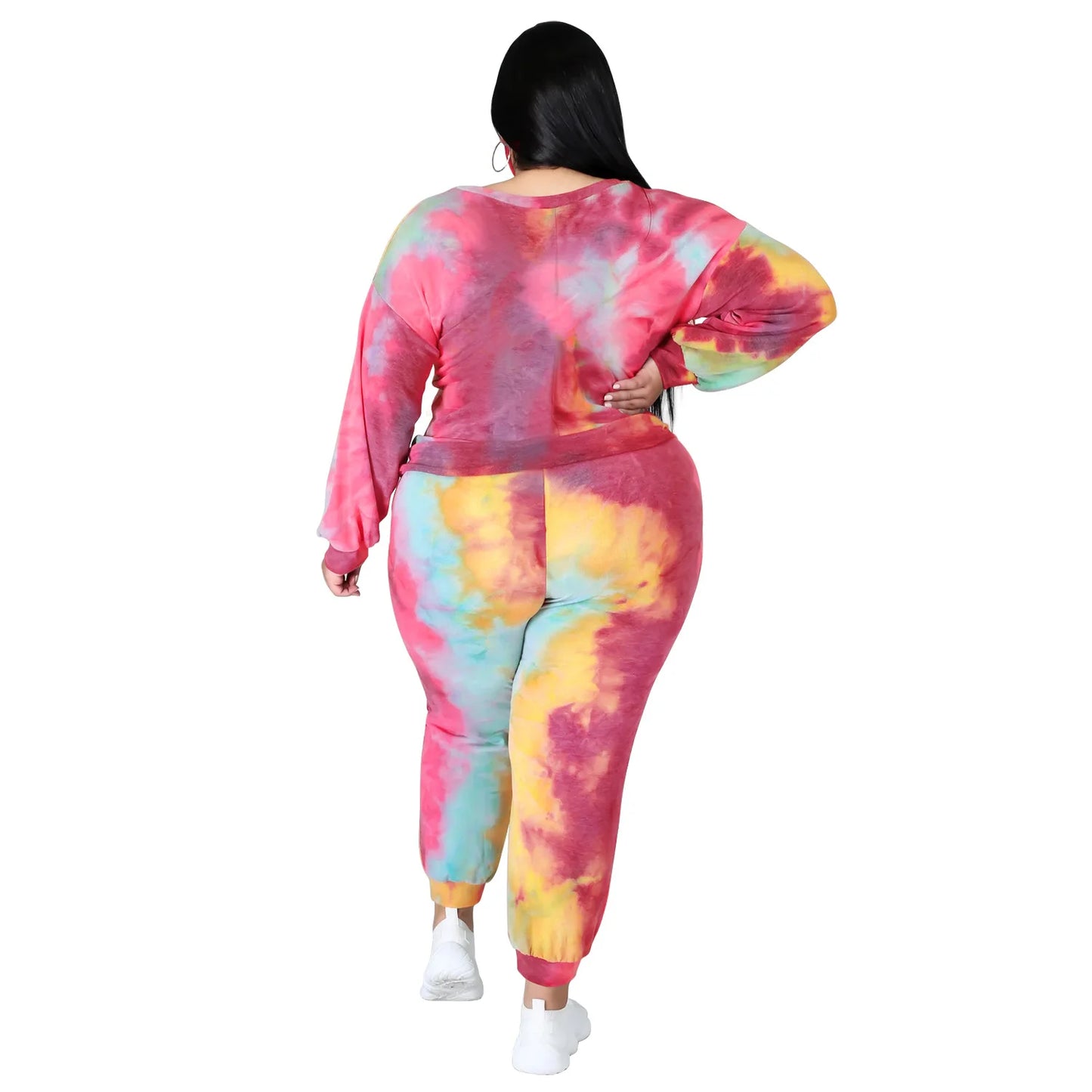 Women&#39;s Clothing Plus Size Sets 2021 Autumn Urban Three-Piece O-Neck Sweater Tie-Dye Fashion Tie Long Sleeve Loose Leisure Suit