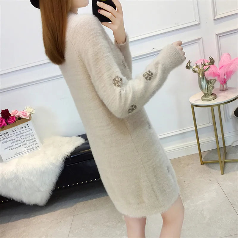 Women Knit Sweater Pullover New Fashion Imitation Mink Cashmere Loose Femmes Top White Dress Half Turtleneck Sweater Jumper