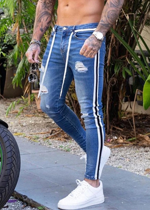 Men's Ripped Pencil Pants Men Skinny Denim Biker Side Striped Jeans Men's Fashion Foot Mouth Zipper Hip-Hop Slim Denim Trousers