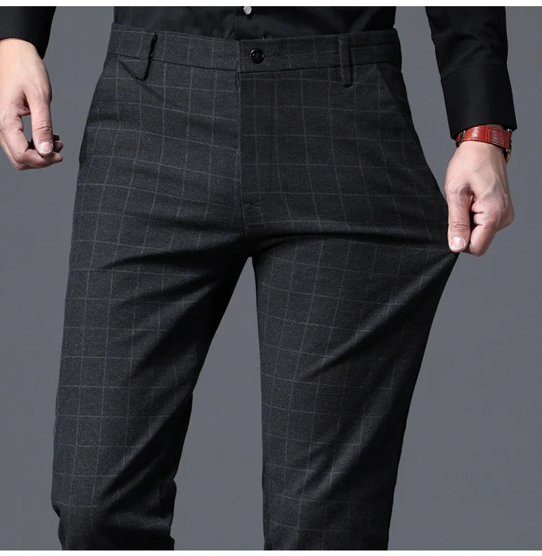 2025 Autumn New Men's Slim Plaid Casual Pants Fashion Soft Stretch Business Work Trousers Gentleman Brand Clothes Black Blue