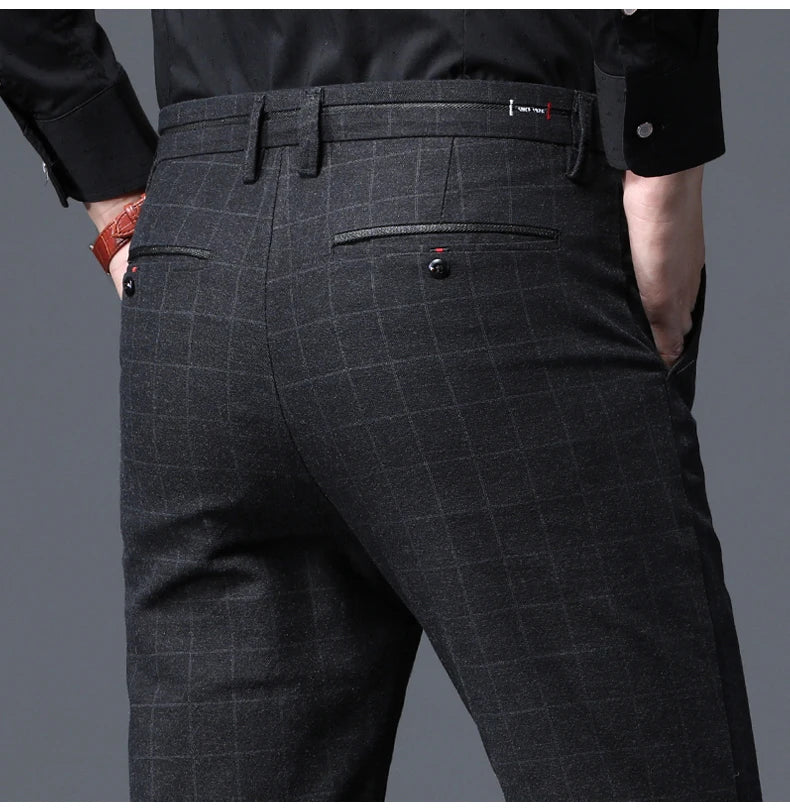 2025 Autumn New Men's Slim Plaid Casual Pants Fashion Soft Stretch Business Work Trousers Gentleman Brand Clothes Black Blue