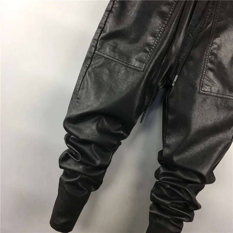 Owen Seak Men Casual Cargo Harem Pants High Street Hip Hop Length PU Faux Leather Sweatpants Autumn Winter Black Big Size