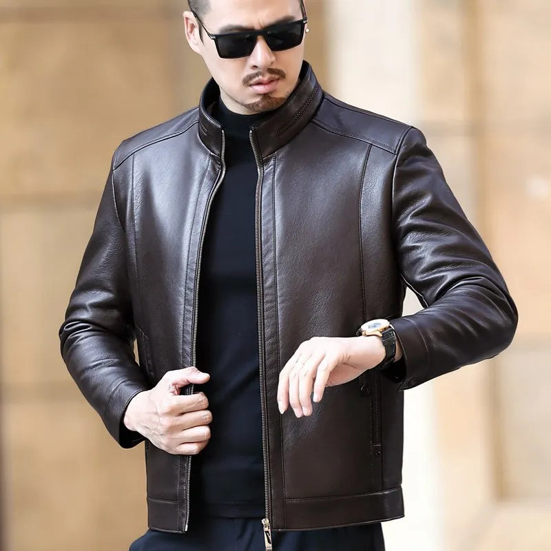 YXL-221 Natural Leather Jacket Men's Stand-up Collar  Business Casual Fur One-piece Men's Super Soft SE Plush Liner Warm Jacket