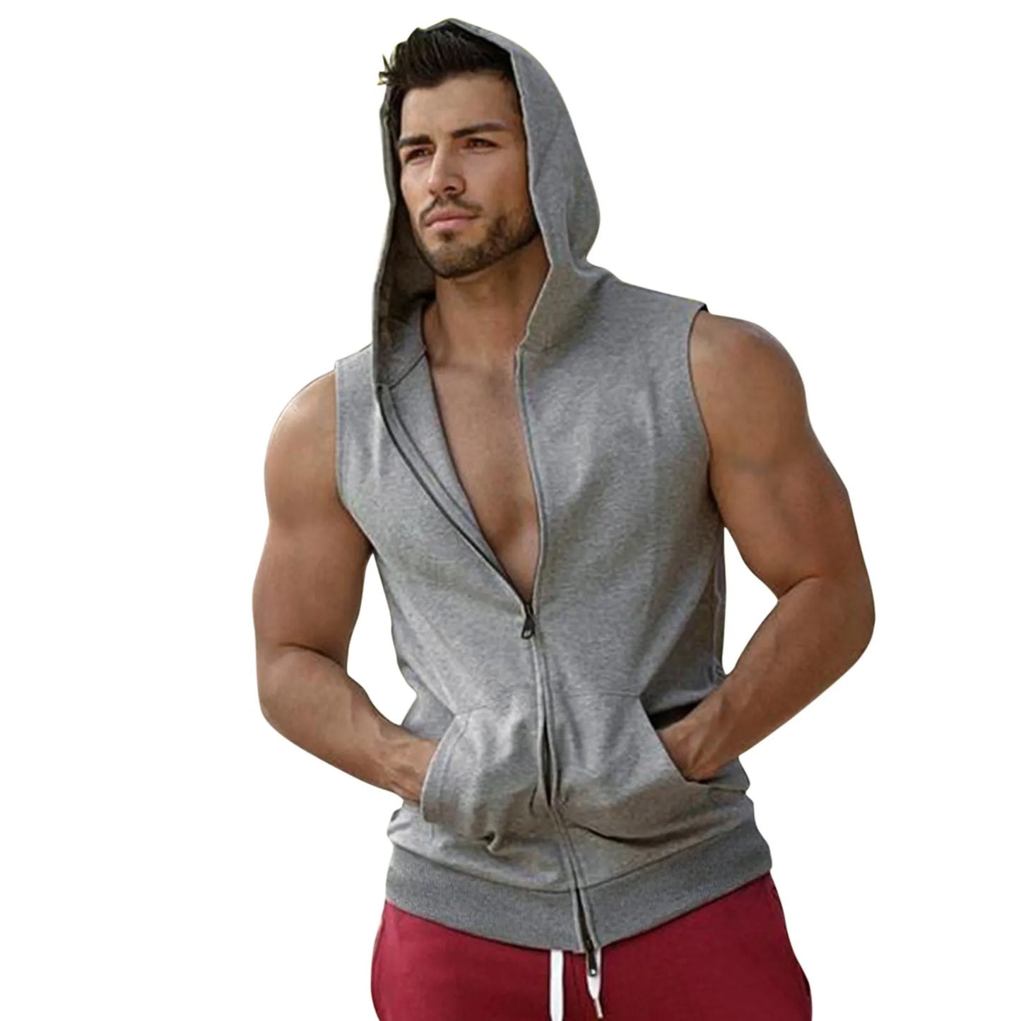 Men's Casual Fitness Hooded Double Zipper Tank Tops Bodybuilding Gym Clothing Men Fitness Muscle Sleeveless Vest Top Ropa Hombre