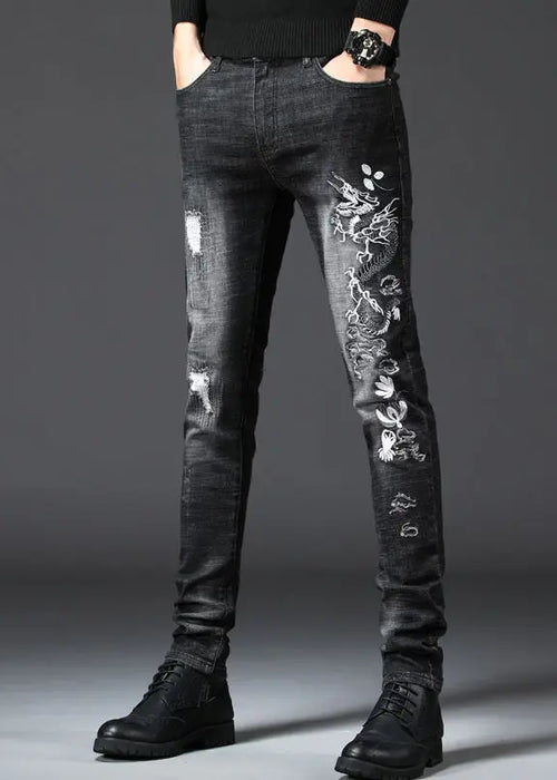 Fashion men's 2020 long pants printing spring and summer embroidery flower jeans men's slim feet men's casual jeans