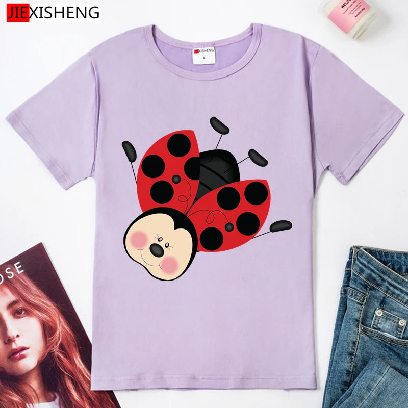 Summer Women T Shirt Cute Short Sleeve O Neck Tops Cartoon Ladybug Print t-shirt Kawaii Girl White Women Clothing HH519